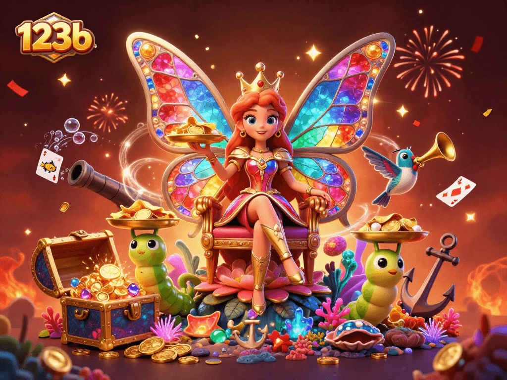 Experience thrilling wins at 123b with our vibrant casino-themed butterfly illustration.