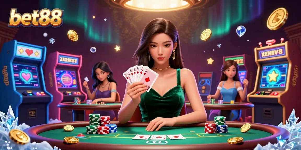 Engage in thrilling gameplay at bet88 with a focused Asian woman at a vibrant casino poker table.