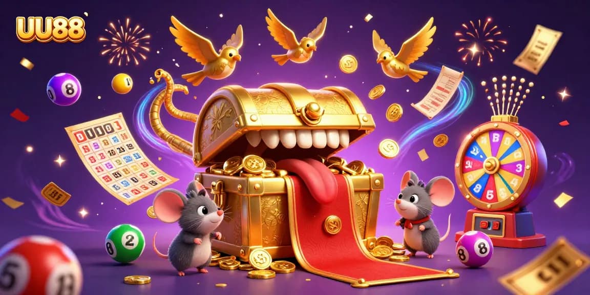UU88 captures excitement at the casino with colorful lottery balls, confetti, and a treasure chest.