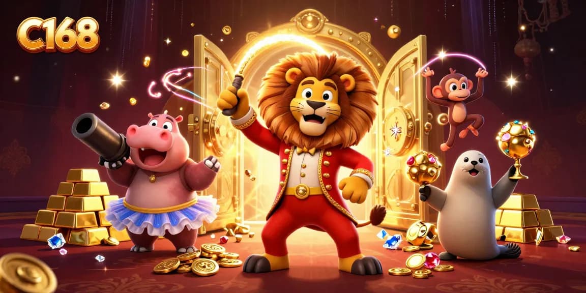 C168 captures the thrill of betting with vibrant casino characters and gold treasure in a dynamic illustration