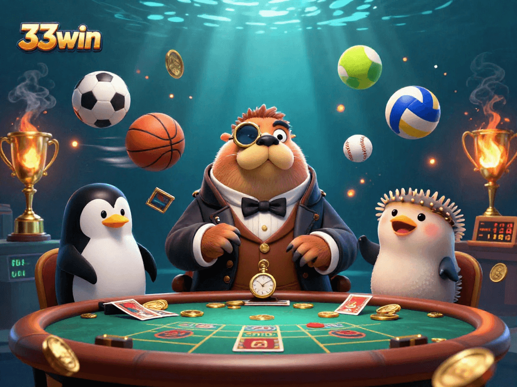 Bet on thrilling poker with 33win featuring a walrus, penguin dealer, pufferfish bluffer in an underwater casino