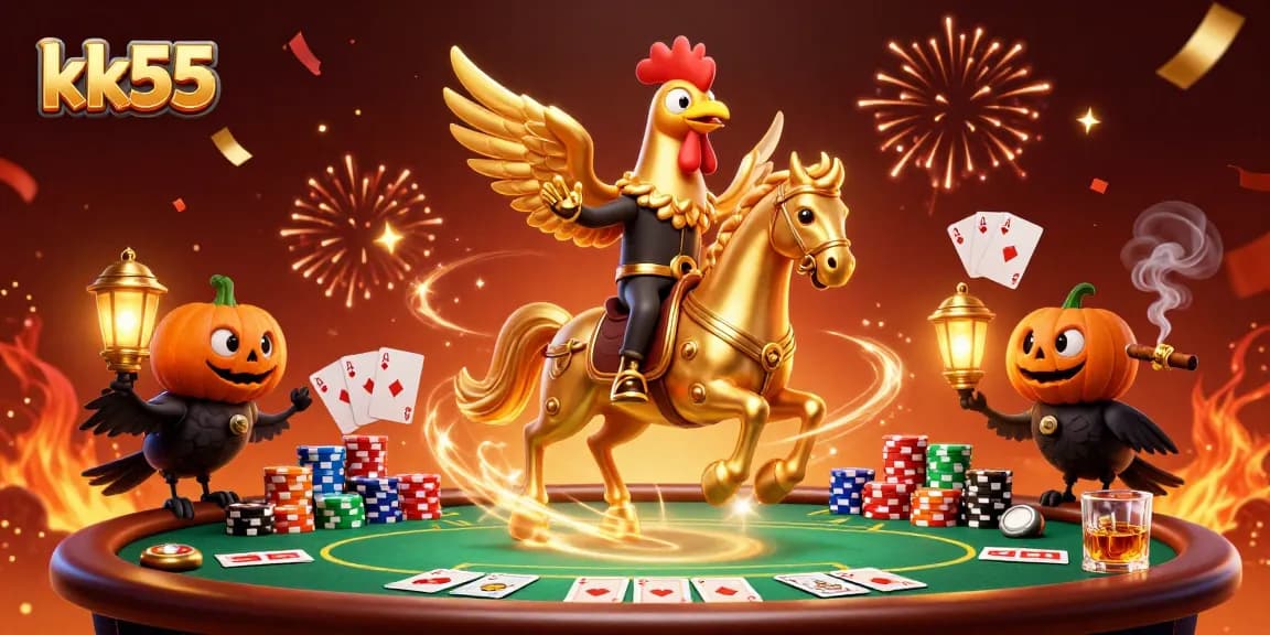 Experience thrilling gameplay at kk55 with a golden rooster leading the way in this magical casino scene.