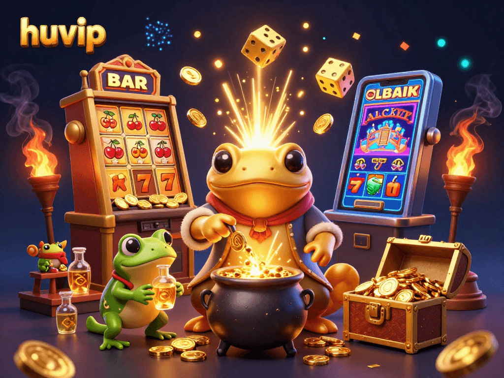 Experience excitement at huvip with a vibrant casino scene featuring games and gold!
