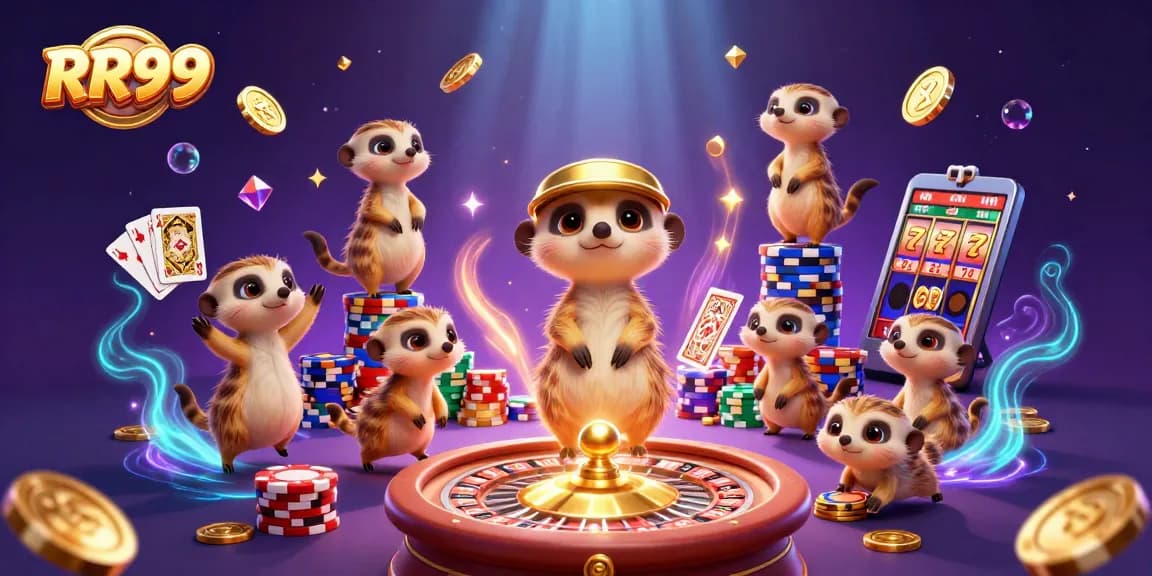 Experience thrilling gaming with RR99's lively meerkat casino illustration, showcasing vibrant action and fun.