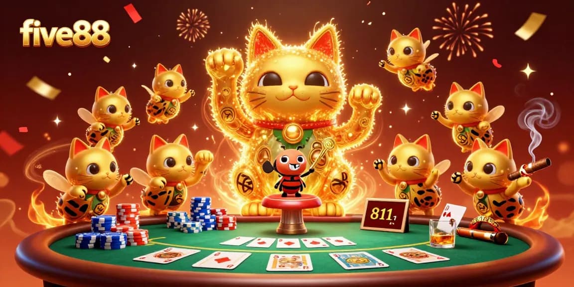 Engage with five88's golden cat while enjoying poker action in vibrant 3D illustration.