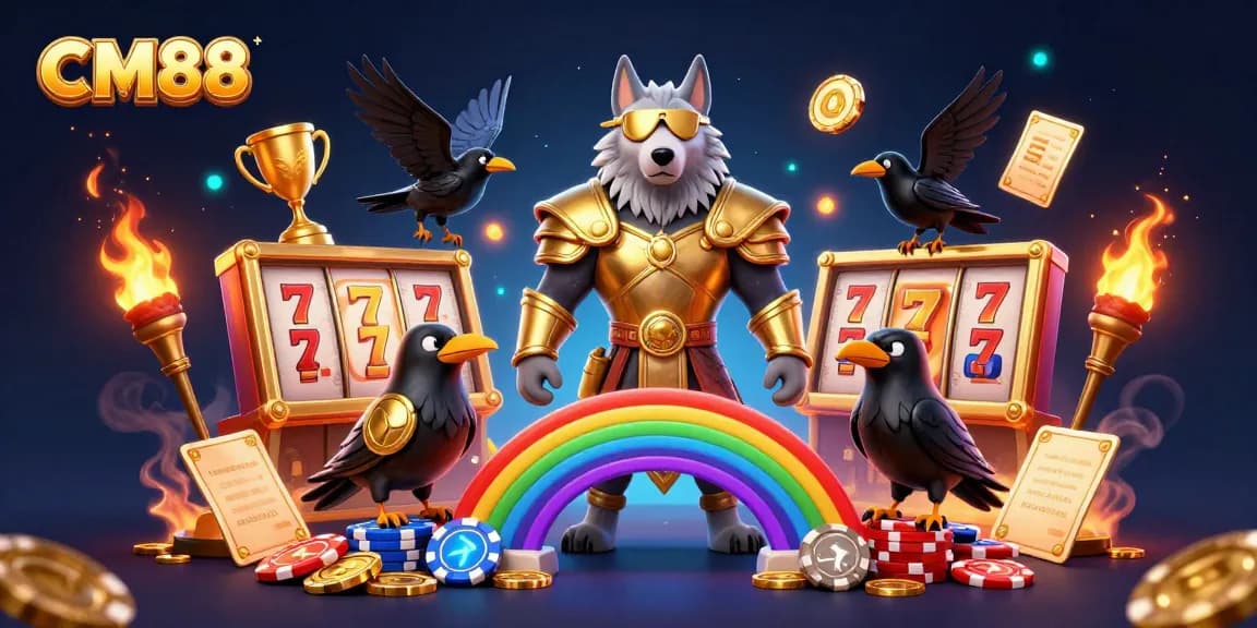 Experience excitement at CM88 with a vibrant 3D Norse-themed casino illustration.