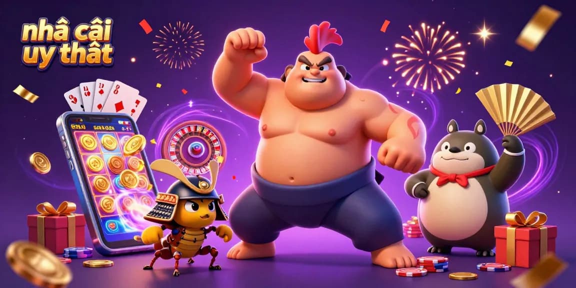 Experience thrilling action at nhà cái uy tín with sumo wrestlers and live gaming elements in this vibrant illustration.