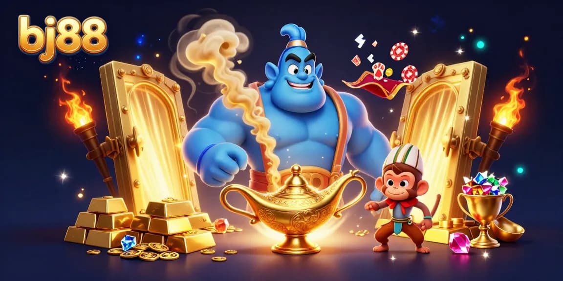 Experience thrilling gameplay at bj88 with a towering genie, sparkling gems, and casino adventures.
