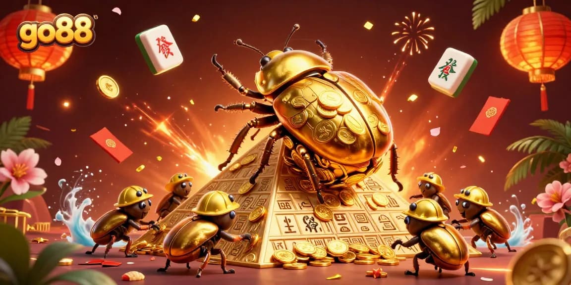 Experience go88's vibrant casino adventure with beetles rolling golden coins and festive elements.