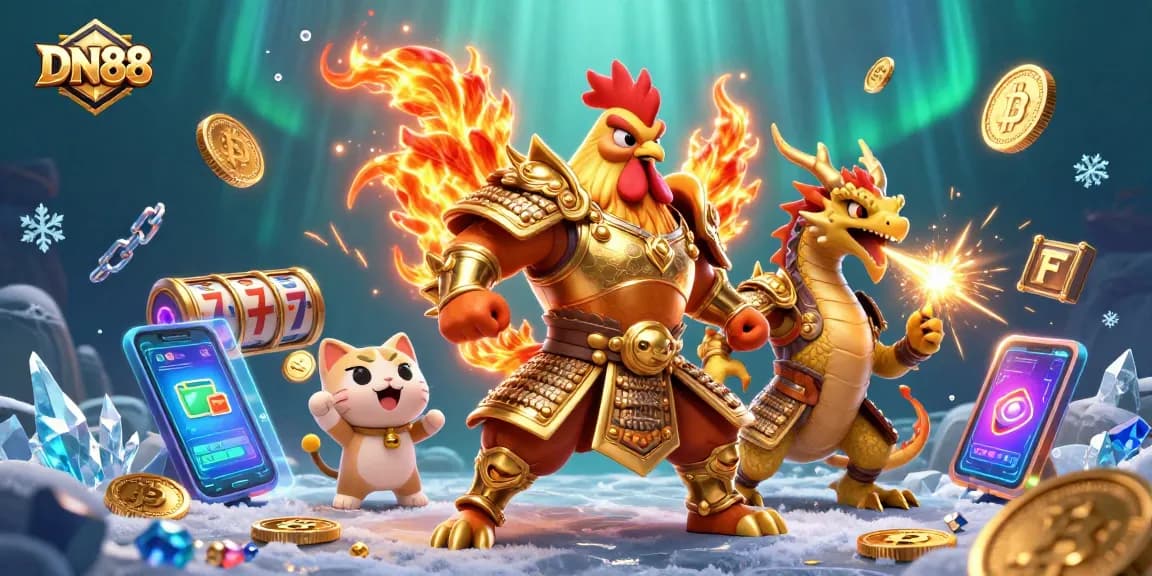 Engage in thrilling casino action at DN88, featuring a dynamic 3D rooster warrior and dragon amidst vibrant slot reels.