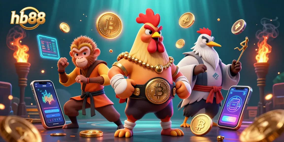 Experience thrilling gameplay with hb88 through dynamic crypto-themed cartoon illustration showcasing unique characters.