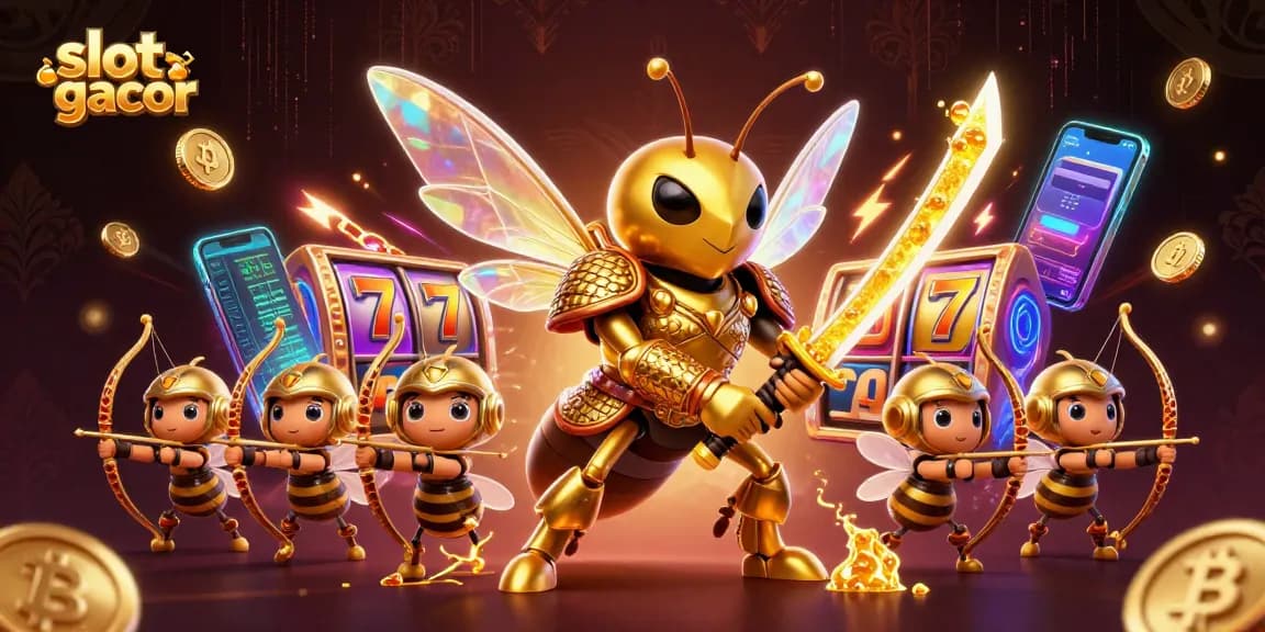 Experience thrilling slot gacor action with a golden hornet samurai leading the way in an electrifying casino scene.