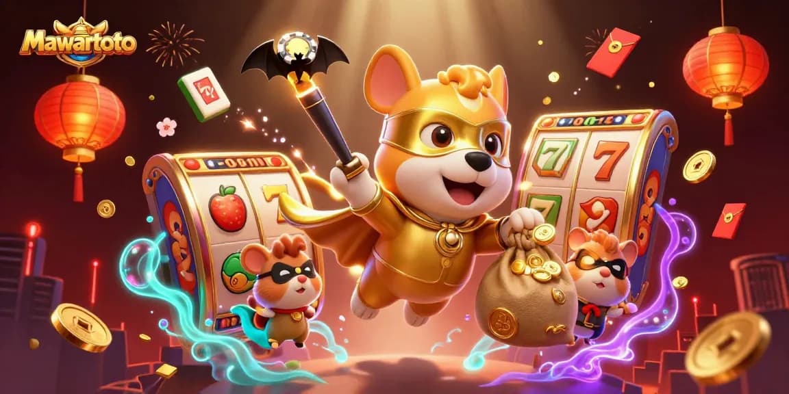 Mawartoto cartoon scene featuring a superhero dog flying with coins amidst casino elements, winning strategies galore.