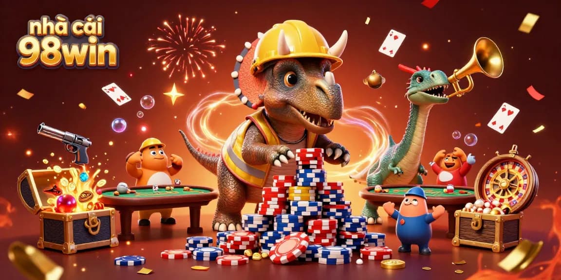 A vibrant celebration at nhà cái 98win with characters and casino-themed elements, including poker chips and playing cards.