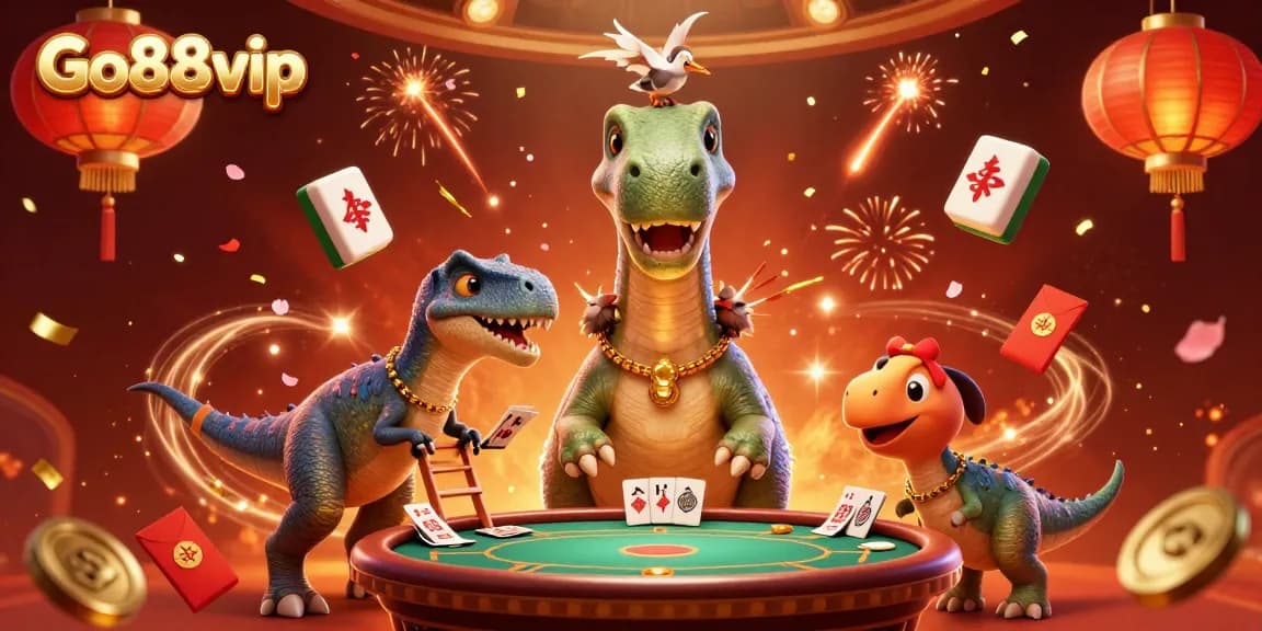 Experience thrilling games at Go88vip while a clever raptor deals cards above a striking casino.