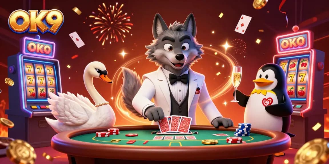 Engage in thrilling games at OK9 with a stunning baccarat scene filled with dazzling casino elements.
