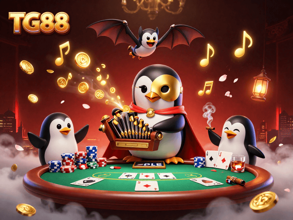 Play thrilling games at TG88 with a cartoon phantom opera penguin and colorful poker elements.