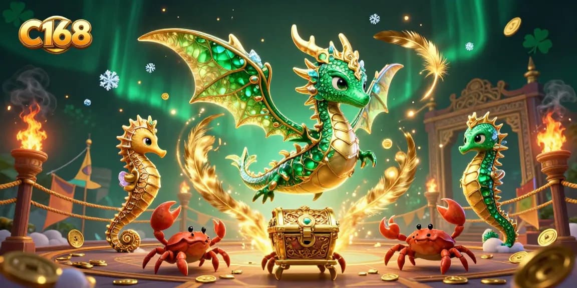 C168 showcases an emerald sea dragon and treasure chest amid a vibrant casino scene featuring swirling golden feathers and stunning game elements.