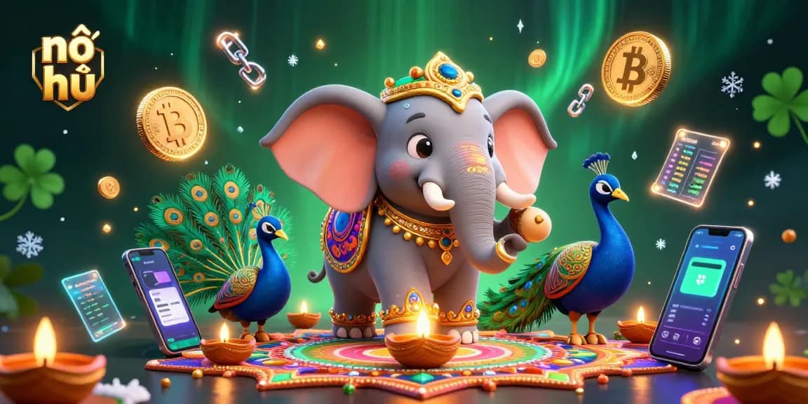 Engage with nổ hũ: vibrant 3D illustration of a lucky elephant amidst vibrant casino elements.