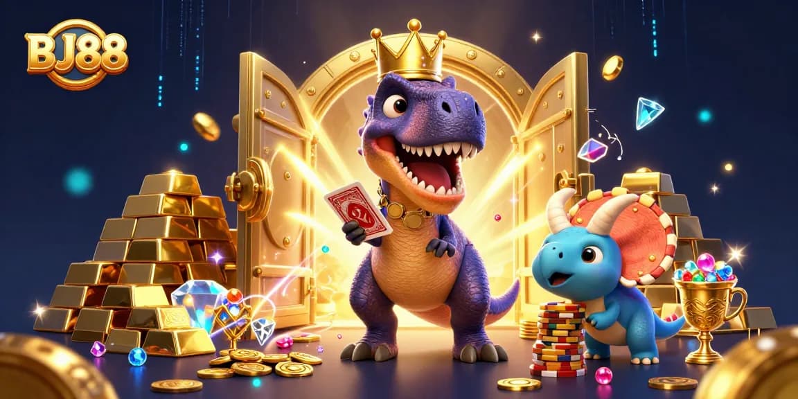 Experience thrilling moments at BJ88, where the T-Rex deals cards and a baby triceratops stacks chips.