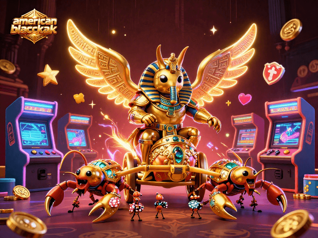 Experience american blackjack with a vibrant scene including colorful characters, casino games, and energetic visuals.