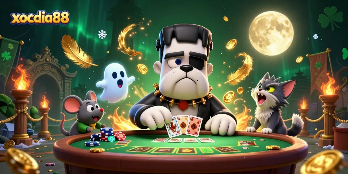Engage in thrilling gameplay at xocdia88 as a cartoon bulldog dealer entertains at a spooky casino table.