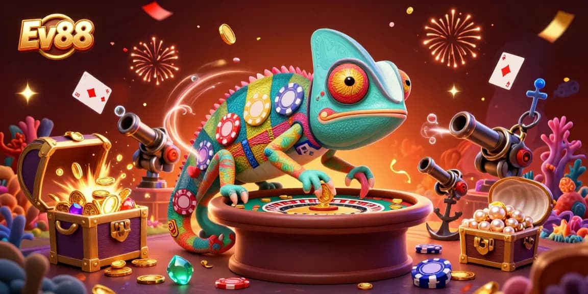 Ev88 casino owner chameleon collects golden coins amidst colorful game elements in an exciting atmosphere.