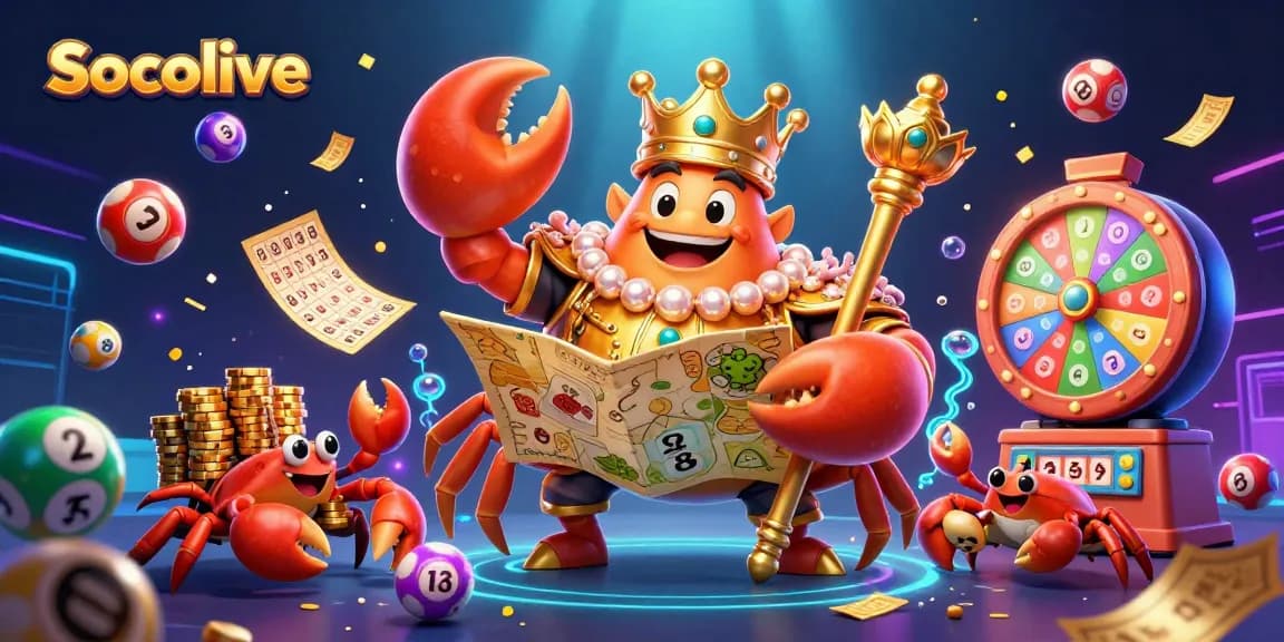 Socolive showcases its engaging gaming experience with a vibrant 3D crab scene featuring lottery balls and a treasure map.