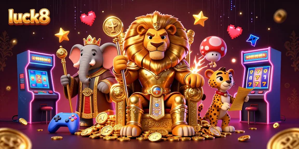 Engage in luck8 gaming with a majestic lion king in a gold throne surrounded by vibrant arcade elements.