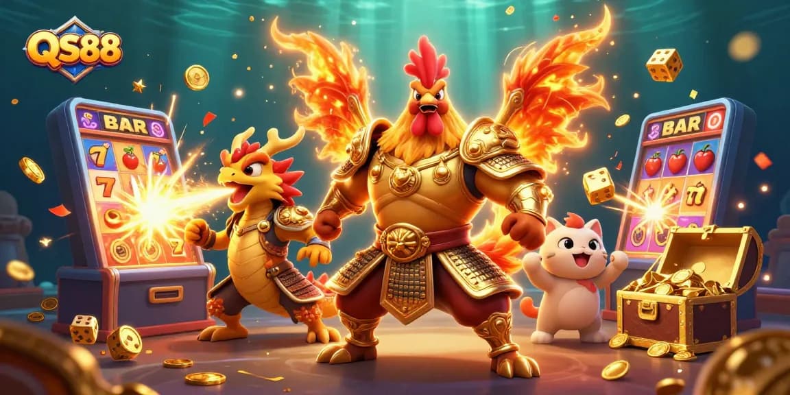 Experience winning at QS88 with powerful characters and exciting casino elements in this vibrant illustration.