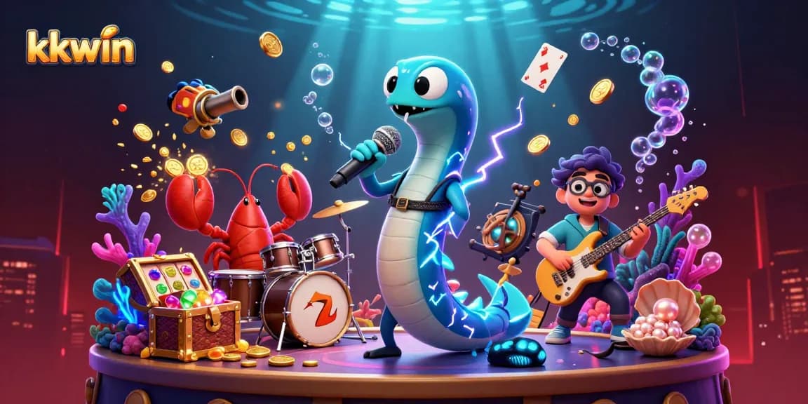 Experience vibrant kkwin underwater casino scene with an electric eel DJ, vibrant treasures, and gaming elements.