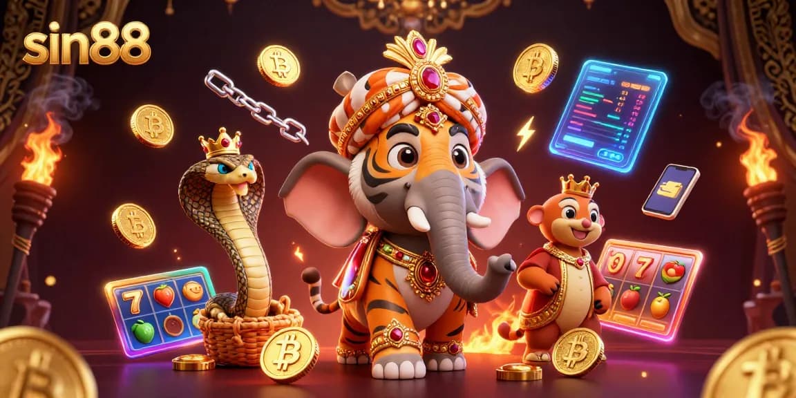 Engage with sin88's vibrant 3D casino theme featuring a maharaja and crypto elements.