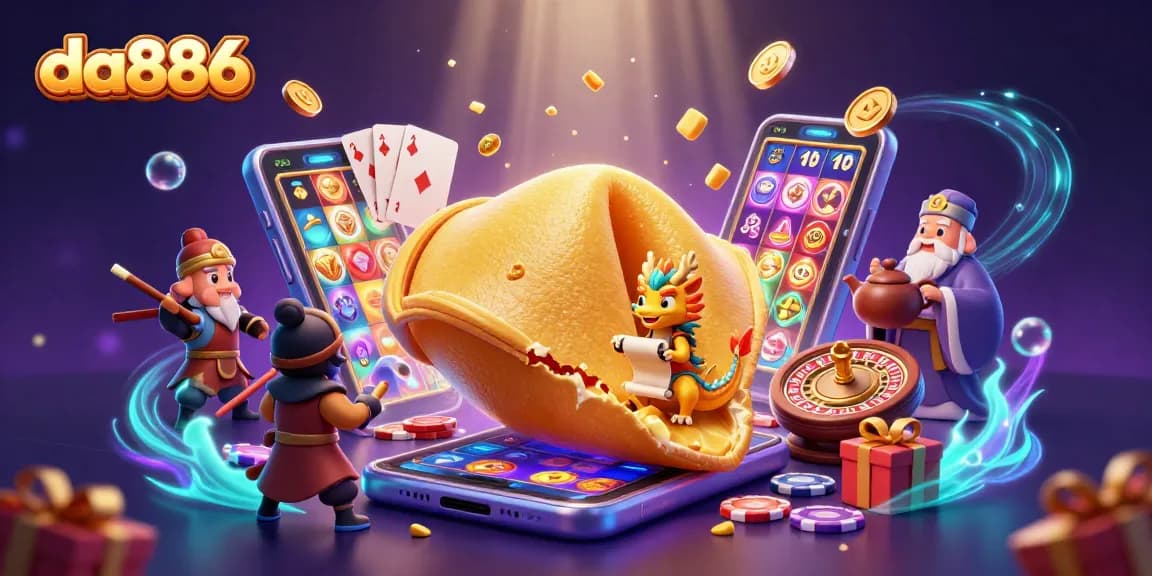 Engage with da886's thrilling gaming adventure featuring dragons and fortune cookies amidst vibrant casino elements