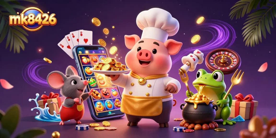 Join the excitement at mk8426, where a chef pig, mouse, and frog serve up gold coins amidst vibrant gambling scenes.