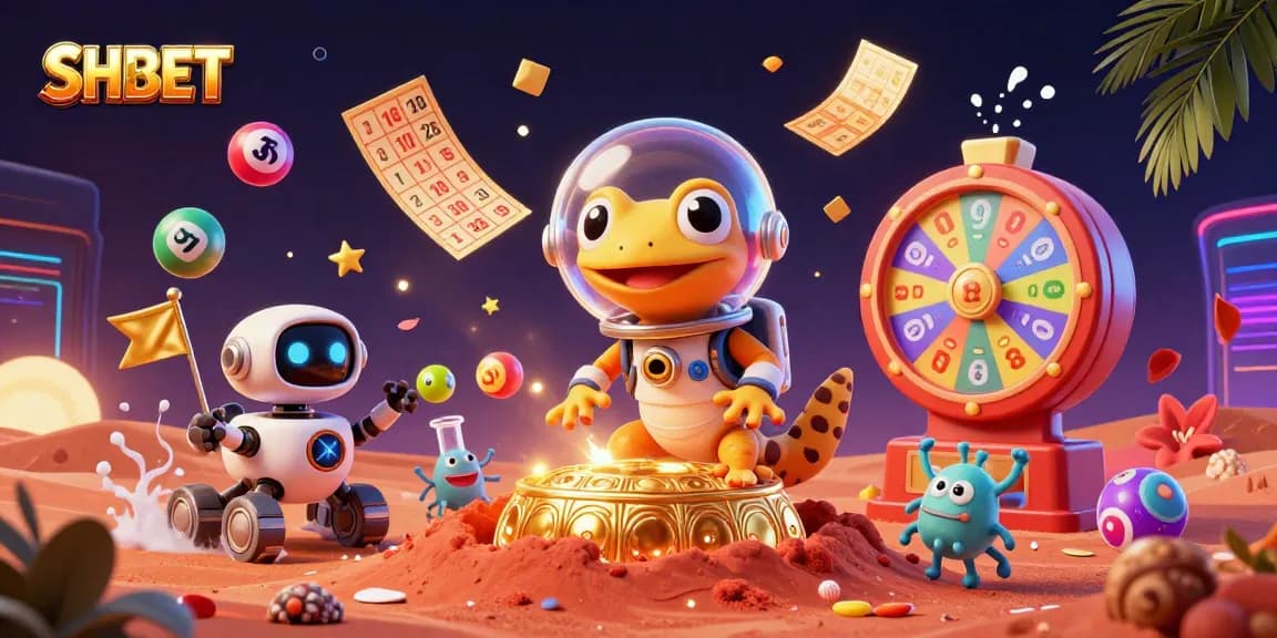 Experience SHBET excitement with a dynamic 3D casino scene featuring a Martian gecko and vibrant game elements.
