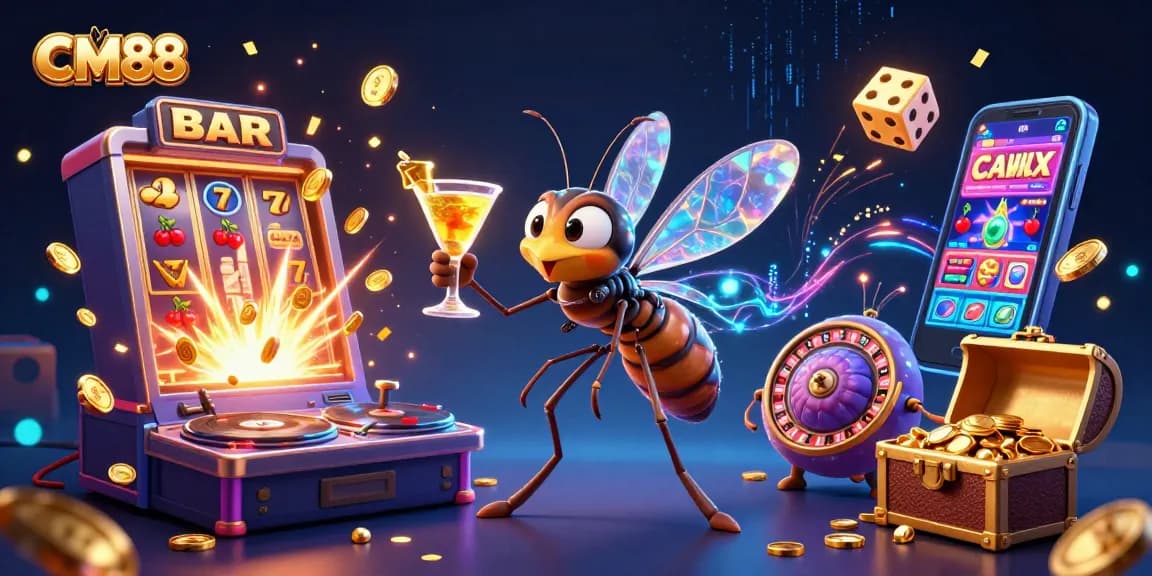 Experience CM88's thrilling casino atmosphere with cartoon characters and vibrant game elements.
