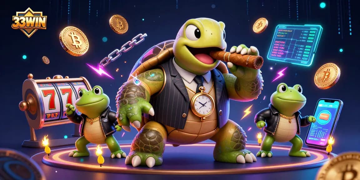 Engage with 33WIN's thrilling slot action featuring a cartoon mobster turtle and bullfrog enforcers.