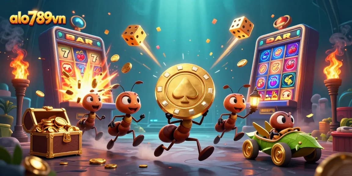 Experience the thrill of gambling on alo789vn with ants stealing a giant poker chip amid casino splendor.