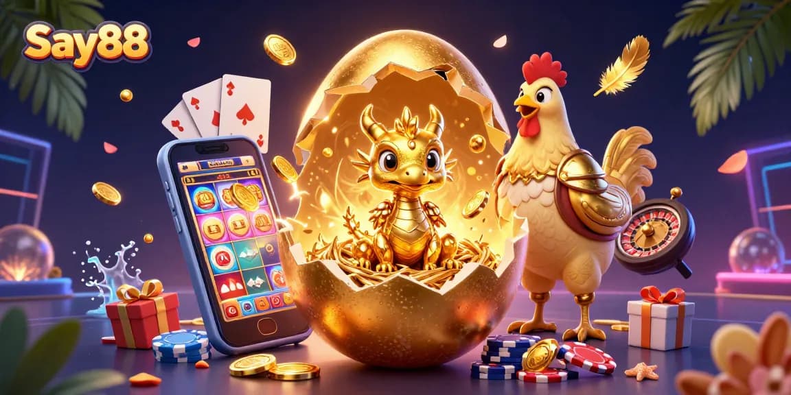Experience the thrill of Say88 with a baby dragon emerging from a golden egg, surrounded by vibrant casino elements and stunning visuals.
