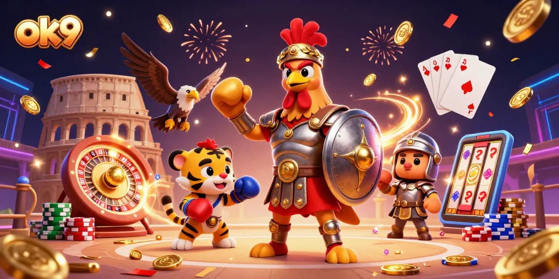 Experience the excitement of ok9 with a regal gladiator rooster and vibrant casino atmosphere.
