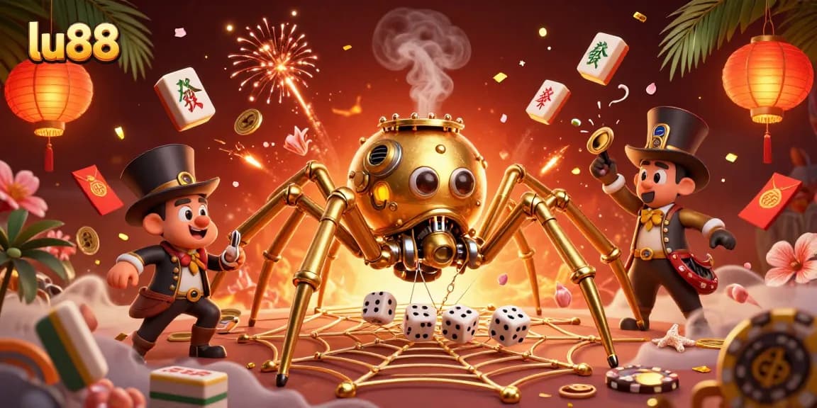 Experience thrilling gameplay at lu88 with a vibrant casino scene featuring a golden spider and game elements.