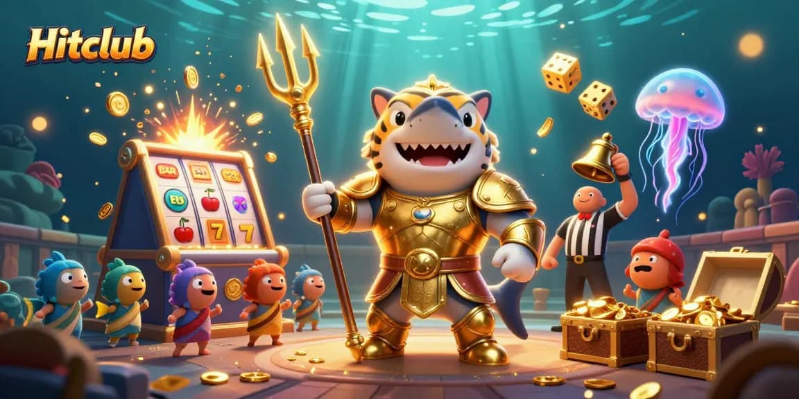 Hitclub casino illustration with a tiger shark in gladiator armor, vibrant slot machine, and dynamic celebratory elements.