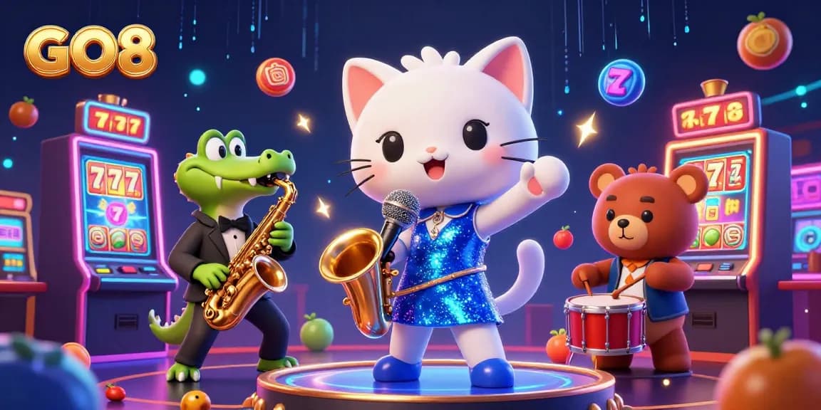 Experience delightful gaming at GO8 with vibrant characters and exciting slot action in an immersive casino scene.