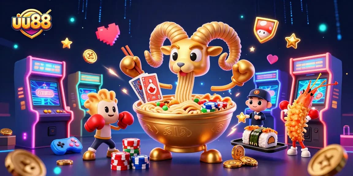 uu88's vibrant casino scene showcases a golden ramen bowl dealer among exciting gaming elements.