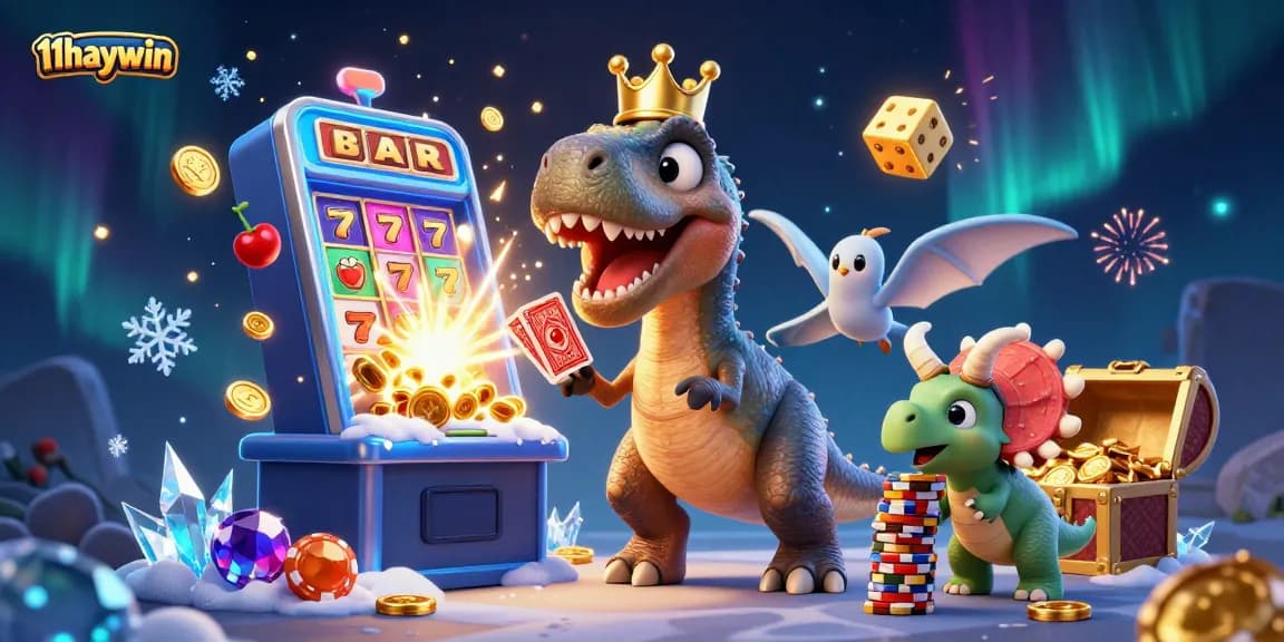 Experience 11haywin's thrilling casino gameplay with a vibrant 3D cartoon scene showcasing excitement and jackpots.