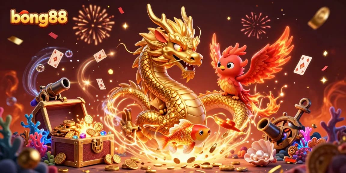 Engage in bong88 casino thrills with a mystical dragon, phoenix, and koi fish amidst treasure.