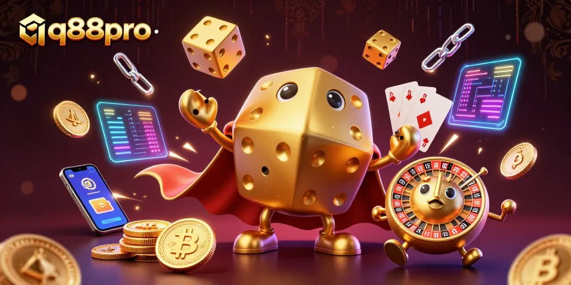 Play winning at qq88pro with a dynamic illustration of casino-themed characters and elements.