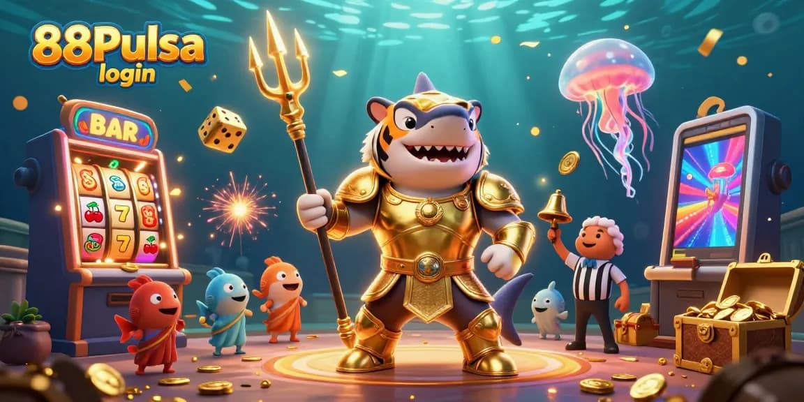 Engage with 88Pulsa login in an exciting underwater casino scene, featuring a golden shark and slot machines.