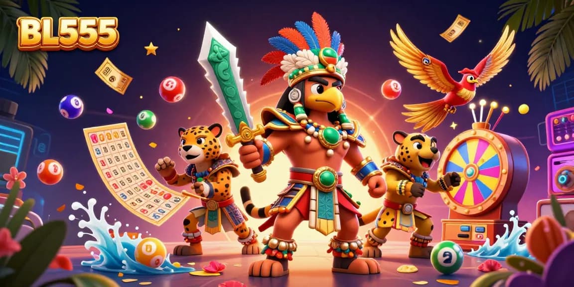 Win big with BL555 as animated warriors engage in vibrant casino games surrounded by dynamic lottery elements.