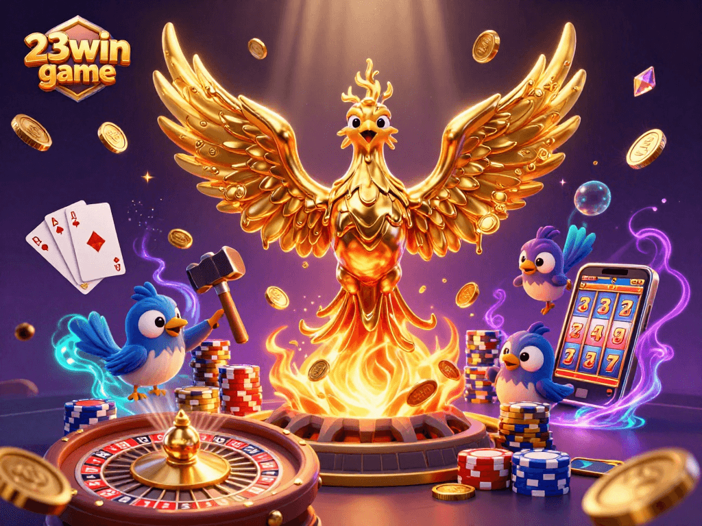 Witness the thrilling 23win game with golden coins and vibrant casino action in a stunning illustration.